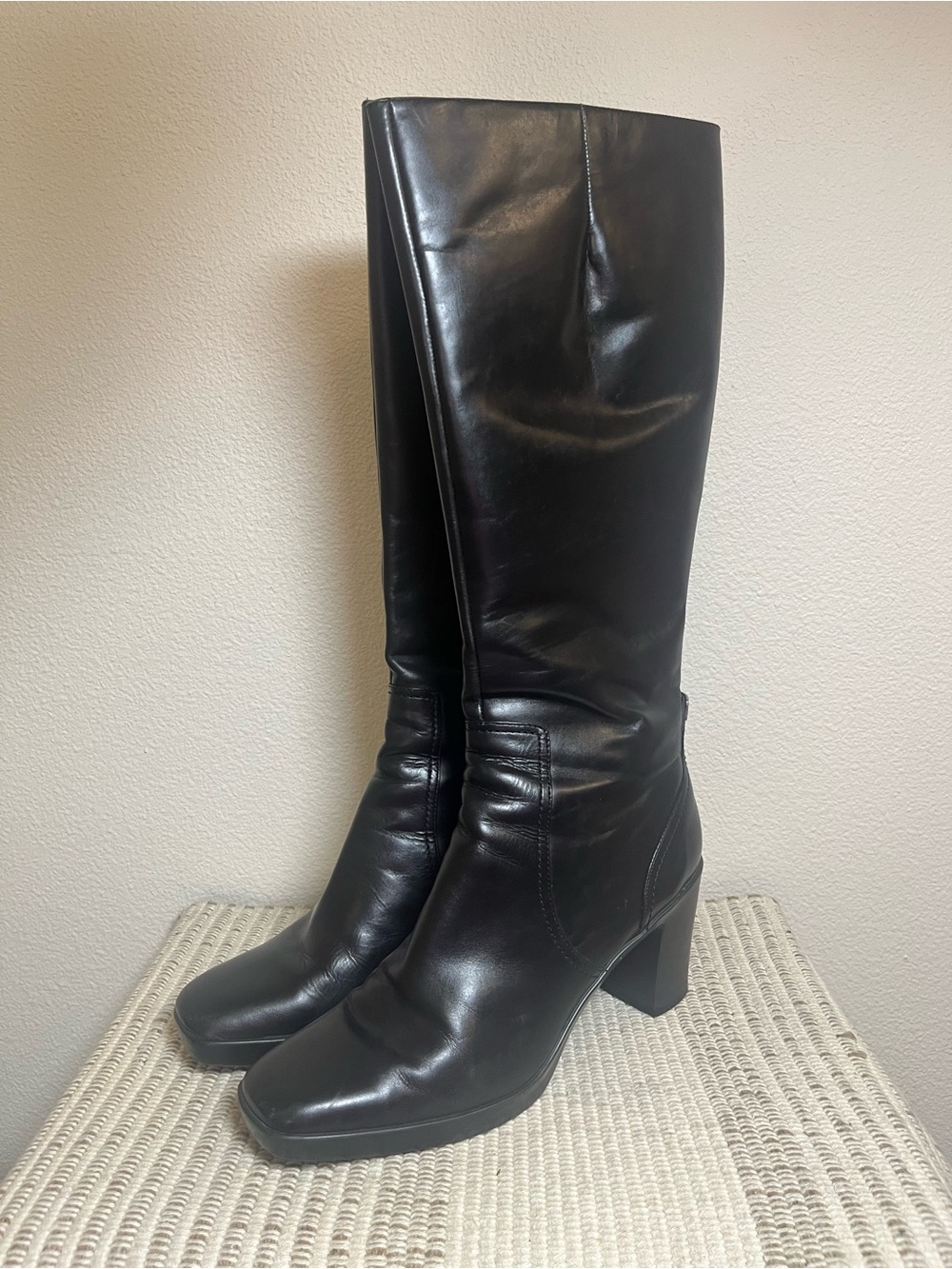 Nine West Black Leather Knee-High Block Heel Boots